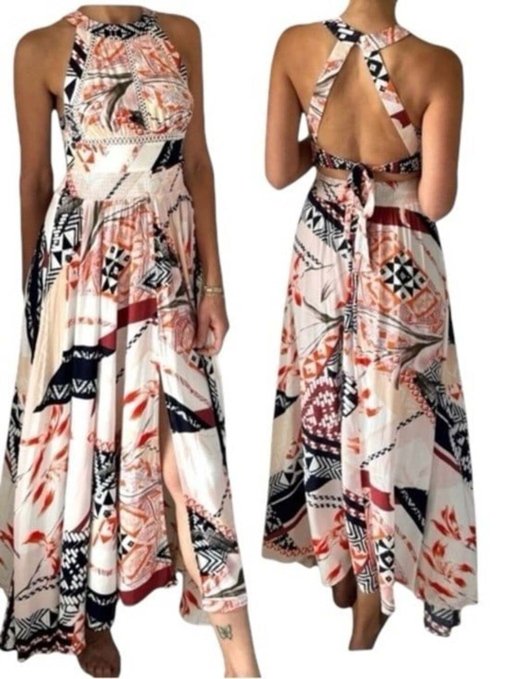 Anthro Abel The Label Halter Maxi Dress Boho Print Open Back Medium